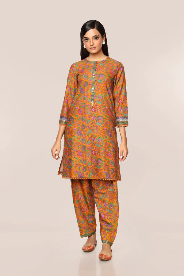 Mustard Yellow Printed Cotton Kurta with Pants - Set of 2