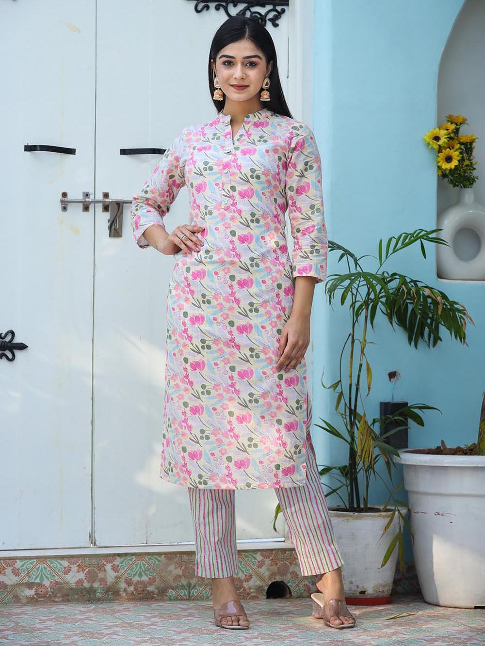 Pink Printed Cotton Kurta Pant Set