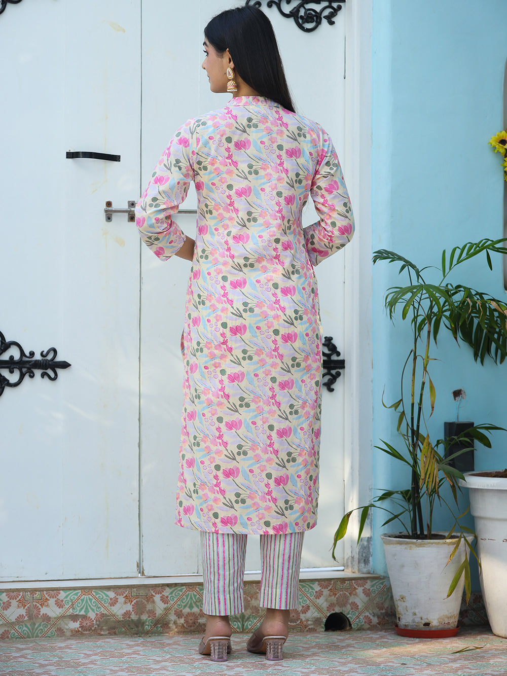 Pink Printed Cotton Kurta Pant Set