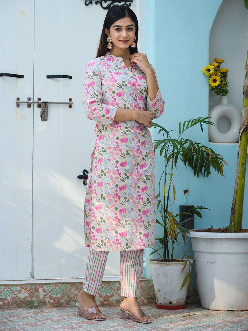 Pink Printed Cotton Kurta Pant Set