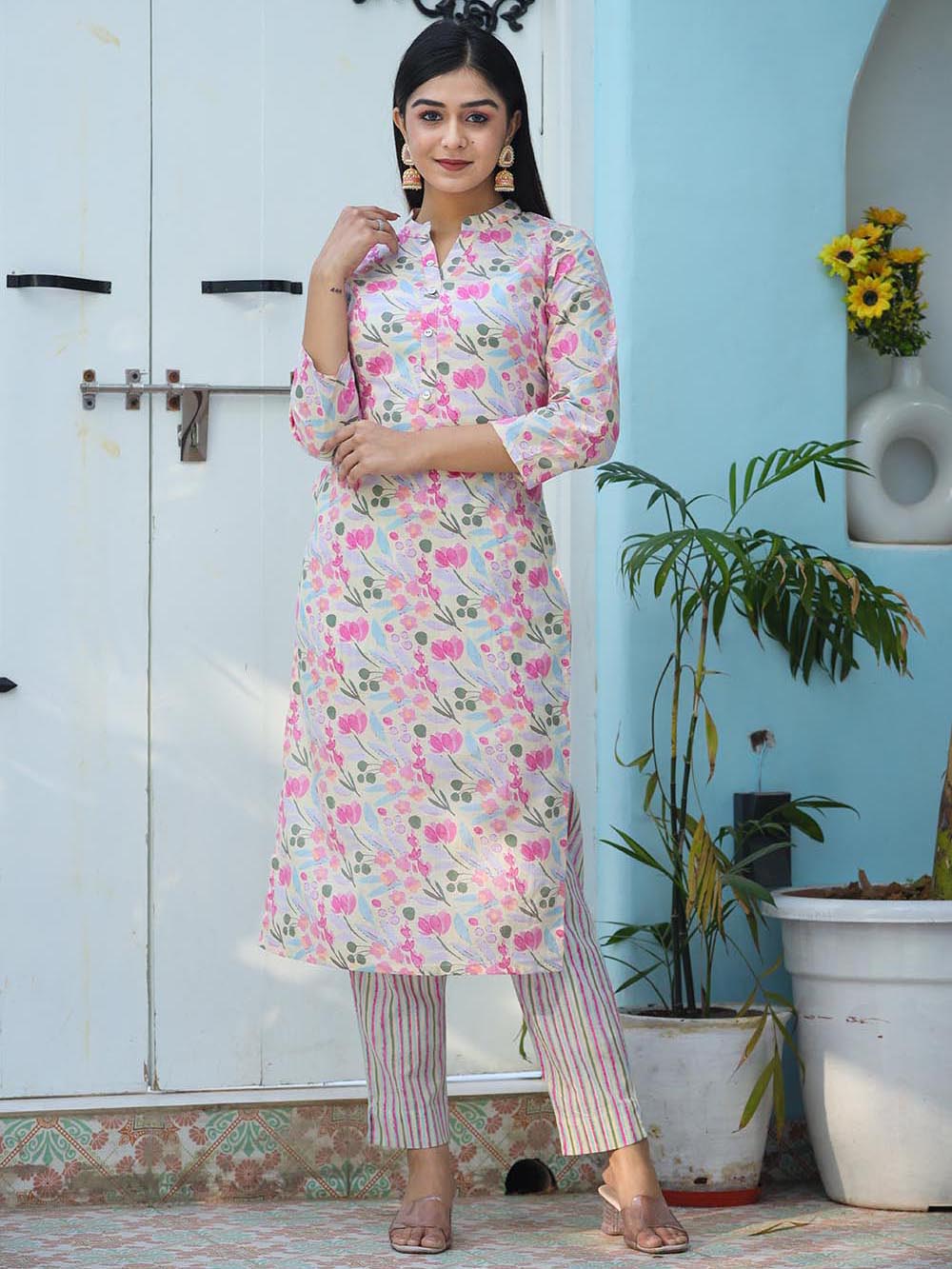 Pink Printed Cotton Kurta Pant Set